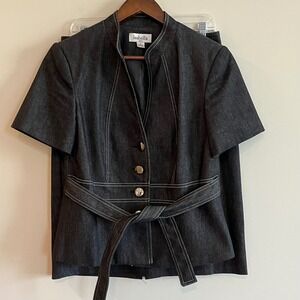 Isabella Suits Women 8 Dark Denim Skirt Set Contrast Stitch Short Sleeve Jacket